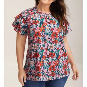 BLOOMCHIC 14-16 1X Plus Groovy Floral Print Ruffled Layered Sleeve Blouse b136